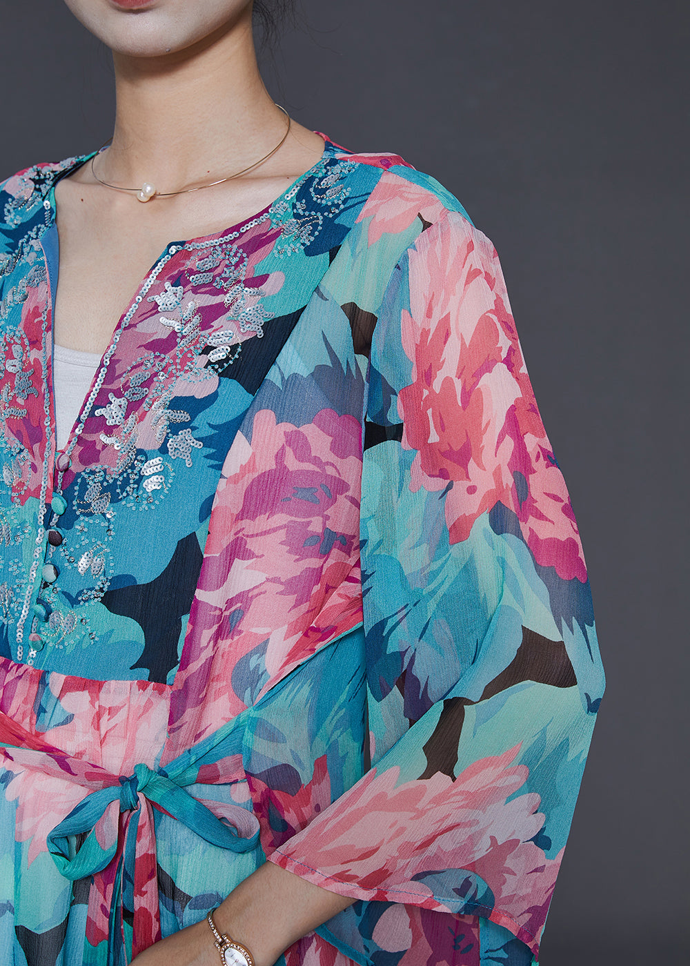 Blue Sequins Print Chiffon Shirt Top Summer