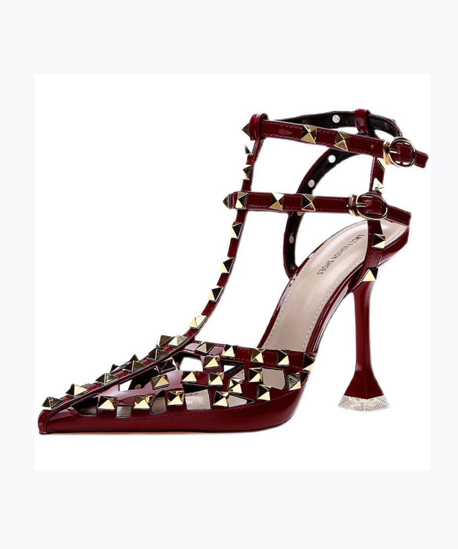 European and American Wine Red Hollow Out Rivet Pointed Stiletto High Heels