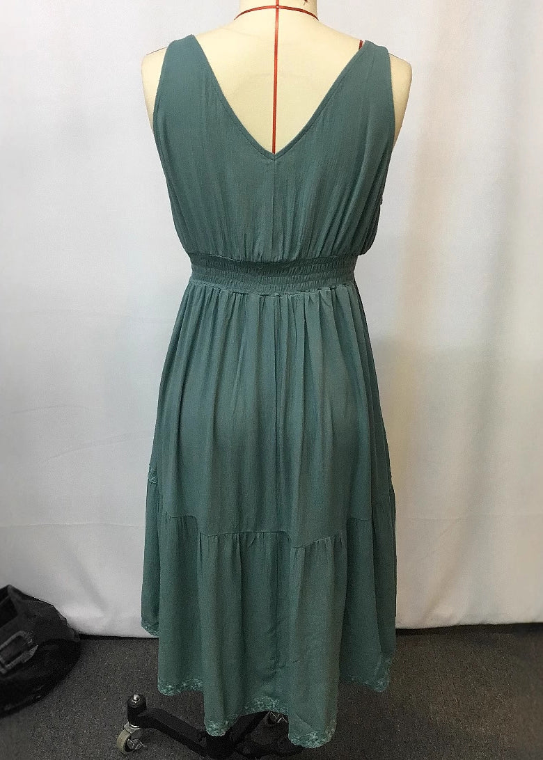 Green Ruffled Patchwork Long Spaghetti Strap Dress Sleeveless Summer
