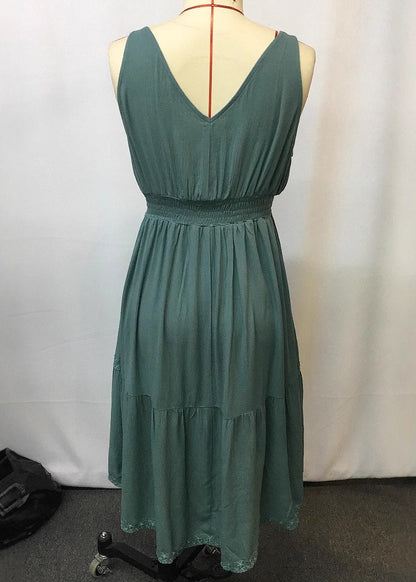 Green Ruffled Patchwork Long Spaghetti Strap Dress Sleeveless Summer
