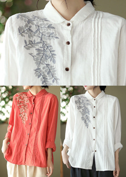 White Peter Pan Collar Embroideried Cotton Blouse Top Spring