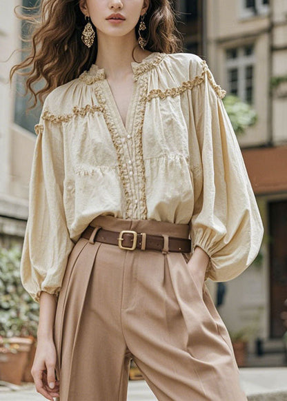 Apricot V Neck Ruffled Patchwork Cotton Shirt Fall