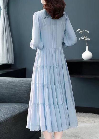 Blue Stand Collar Wrinkled Button Patchwork Silk Dress Fall