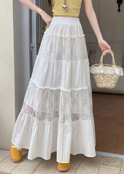 Loose White Ruffled Embroidered Tulle Patchwork Cotton Skirt Summer