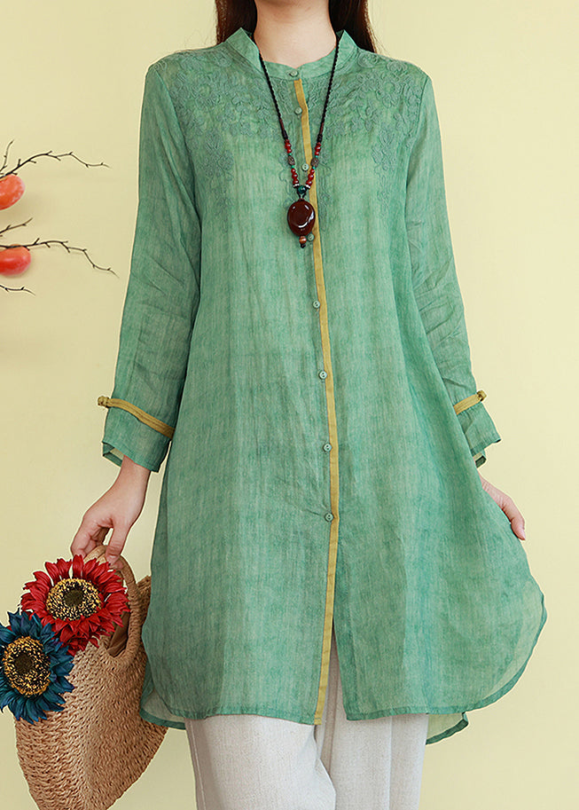 Green Button Thin Patchwork Linen Blouses