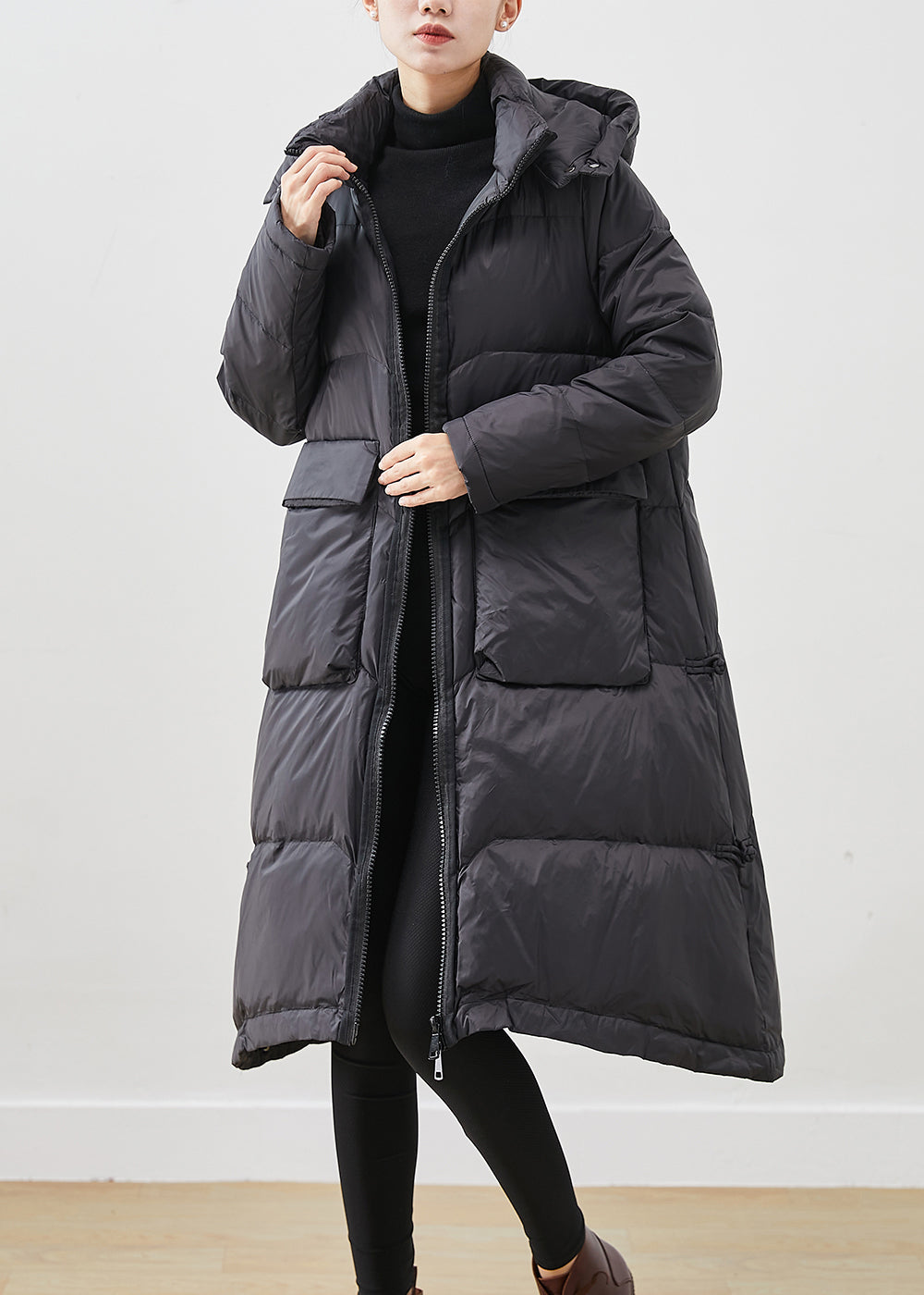 French Black Hooded Big Pockets Duck Down Jacket in Winter
