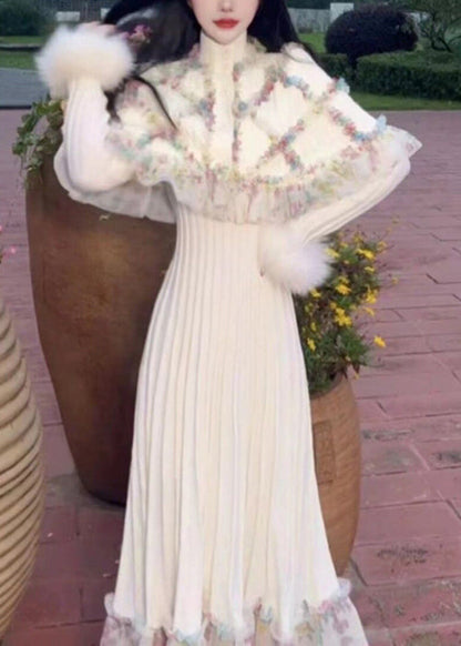Classy White Ruffled Patchwork Cape and Dress Knit Two Pieces Set Spring