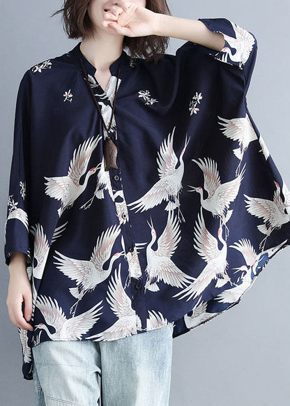 Navy Stand Collar Oversized Print Chiffon Top Batwing Sleeve