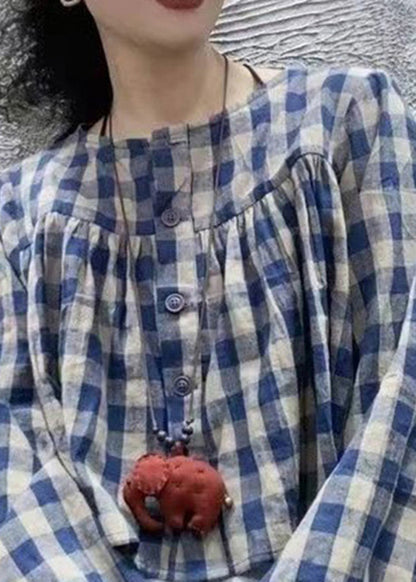 Blue O Neck Plaid Cotton Shirt Top Long Sleeve Fall