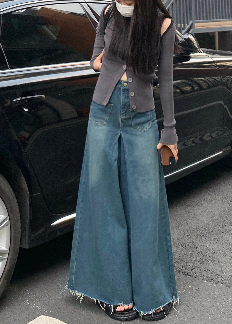 Navy Tasseled Denim Wide Leg Pants Skirts Fall
