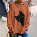 Comstylish Women's Classic Peek-A-Boo Hiding Black Cat Painting Print Long Sleeve T-Shirt