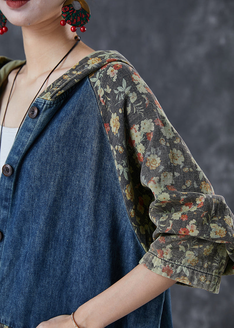 French Navy Oversized Patchwork Print Denim Trench Coats Fall