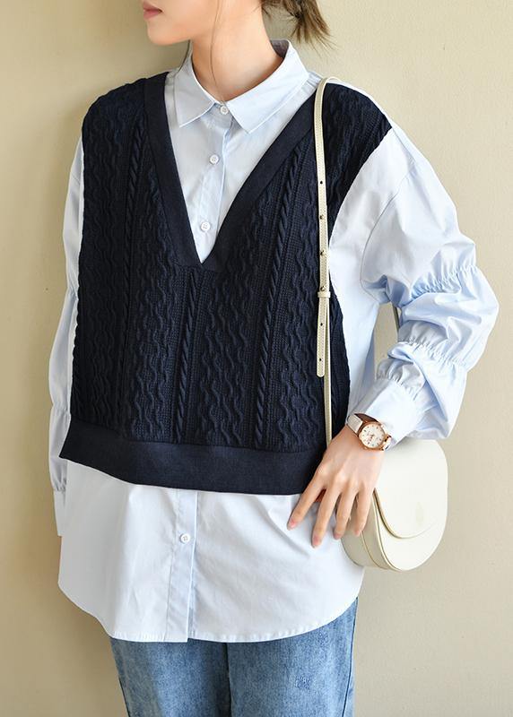 Unique Cinched Peter Pan Collar Shirt Blue