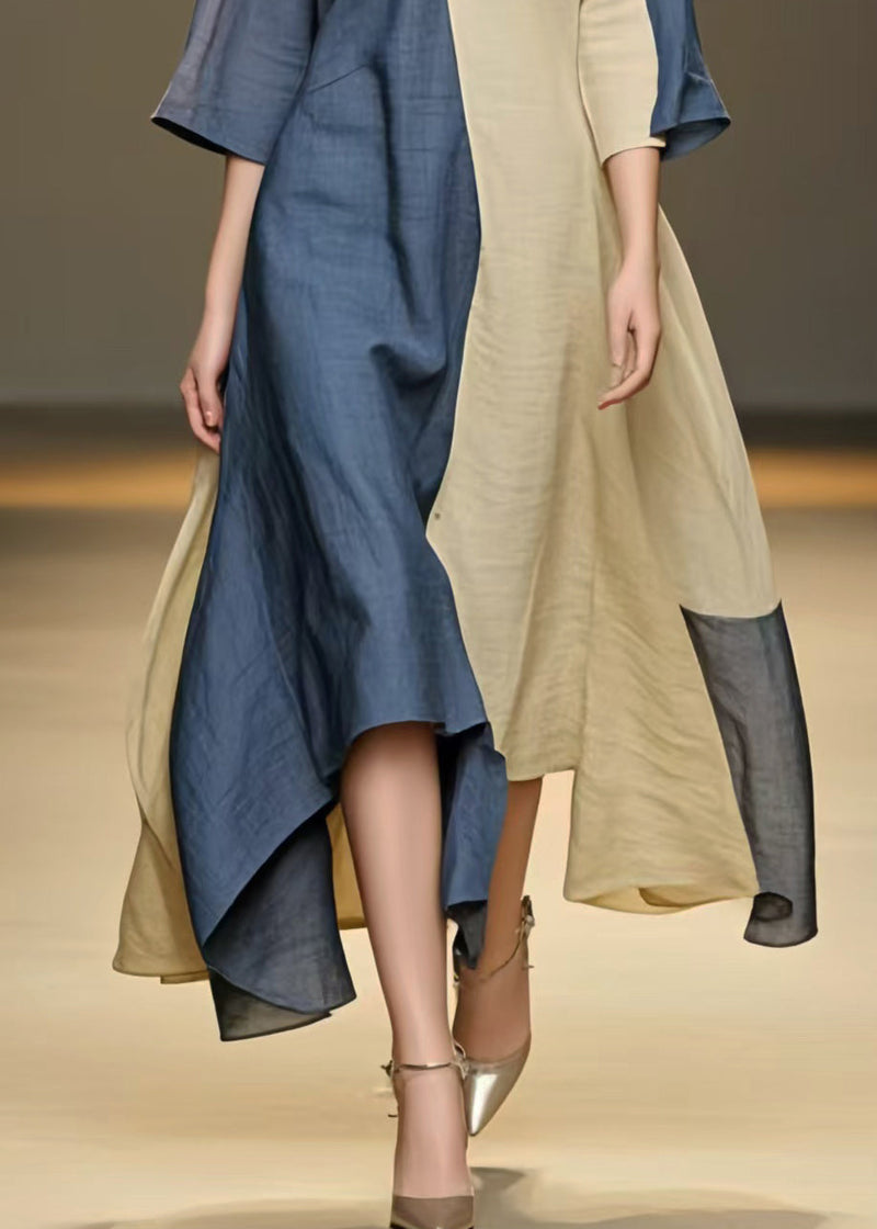 Colorblock Asymmetrical Patchwork Cotton a Line Dress Summer