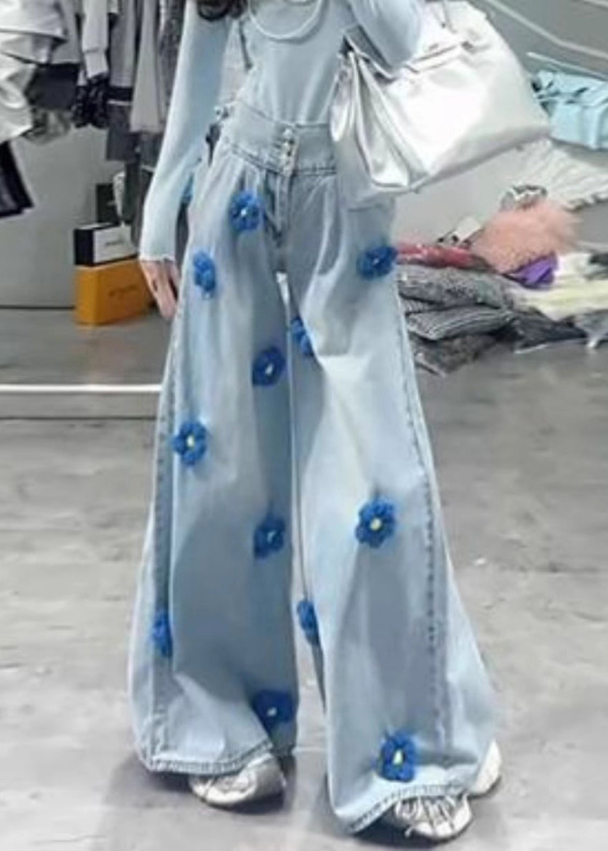 Modern Black Button High Waist Denim Wide Leg Pants Fall