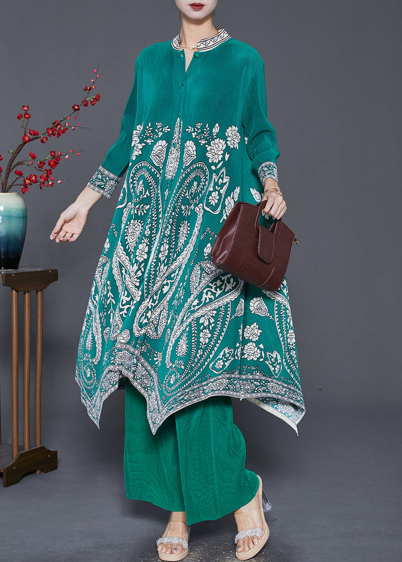 Diy Green Asymmetrical Print Silk Dress and Pant Two Pieces Set Fall