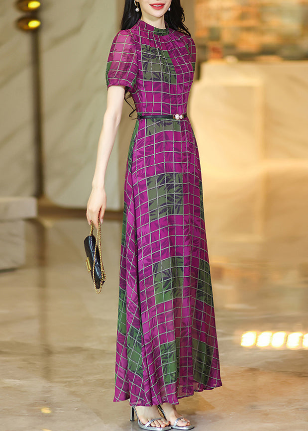 Rose O Neck Plaid Chiffon Maxi Dresses Summer