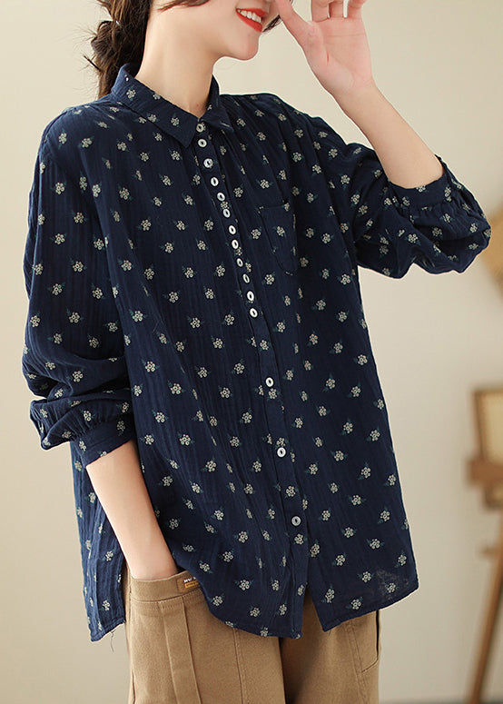 Navy Button Print Cotton Shirts Long Sleeve