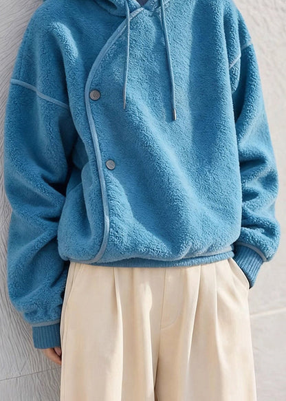 Simple Blue Hooded Cozy Fluffy Sweatshirts Winter