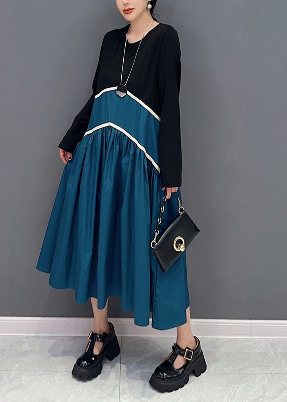 Blue Patchwork Cotton a Line Dresses Wrinkled Exra Large Hem Spring