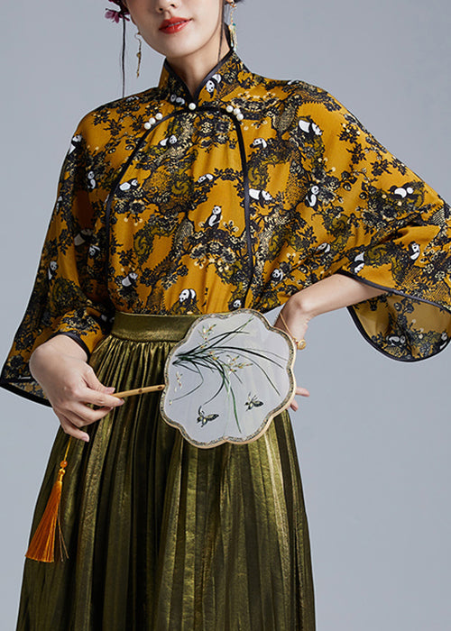 Yellow Stand Collar Button Low High Design Silk Shirts Spring