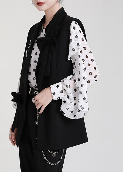 Loose Black Peterpan Collar Button Bow Fall Sleeveless Vest