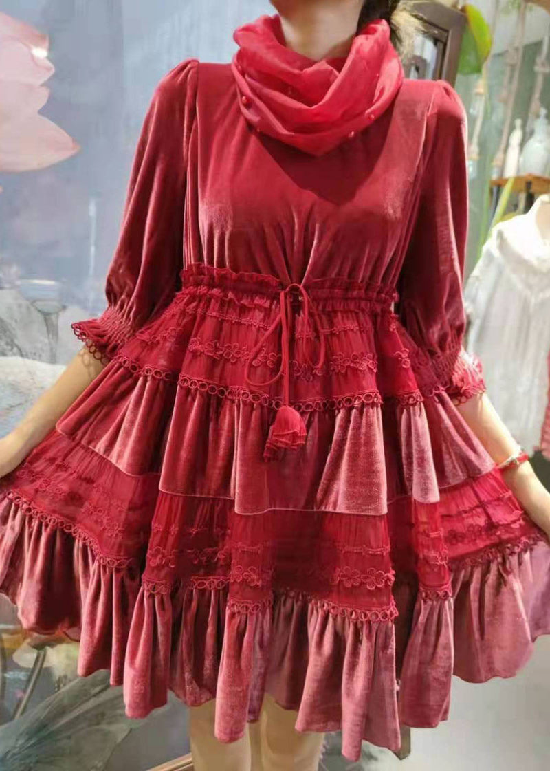 Fitted Red ?cinched Patchwork Velour Party Dress Spring