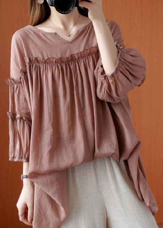 French Pink V Neck Patchwork Fall Three Quarter Sleeve Shirt Top