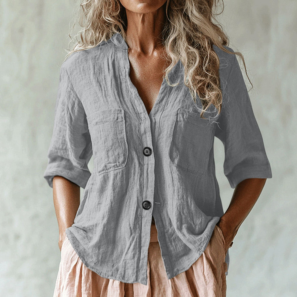 Comstylish Women's Vintage Solid Color Multiple Pockets Linen Shirt