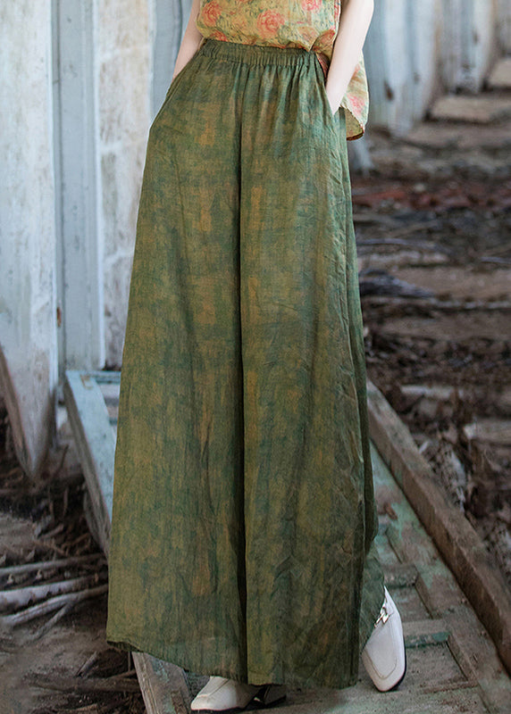 Green Print Pockets Linen Wide Leg Pants Summer