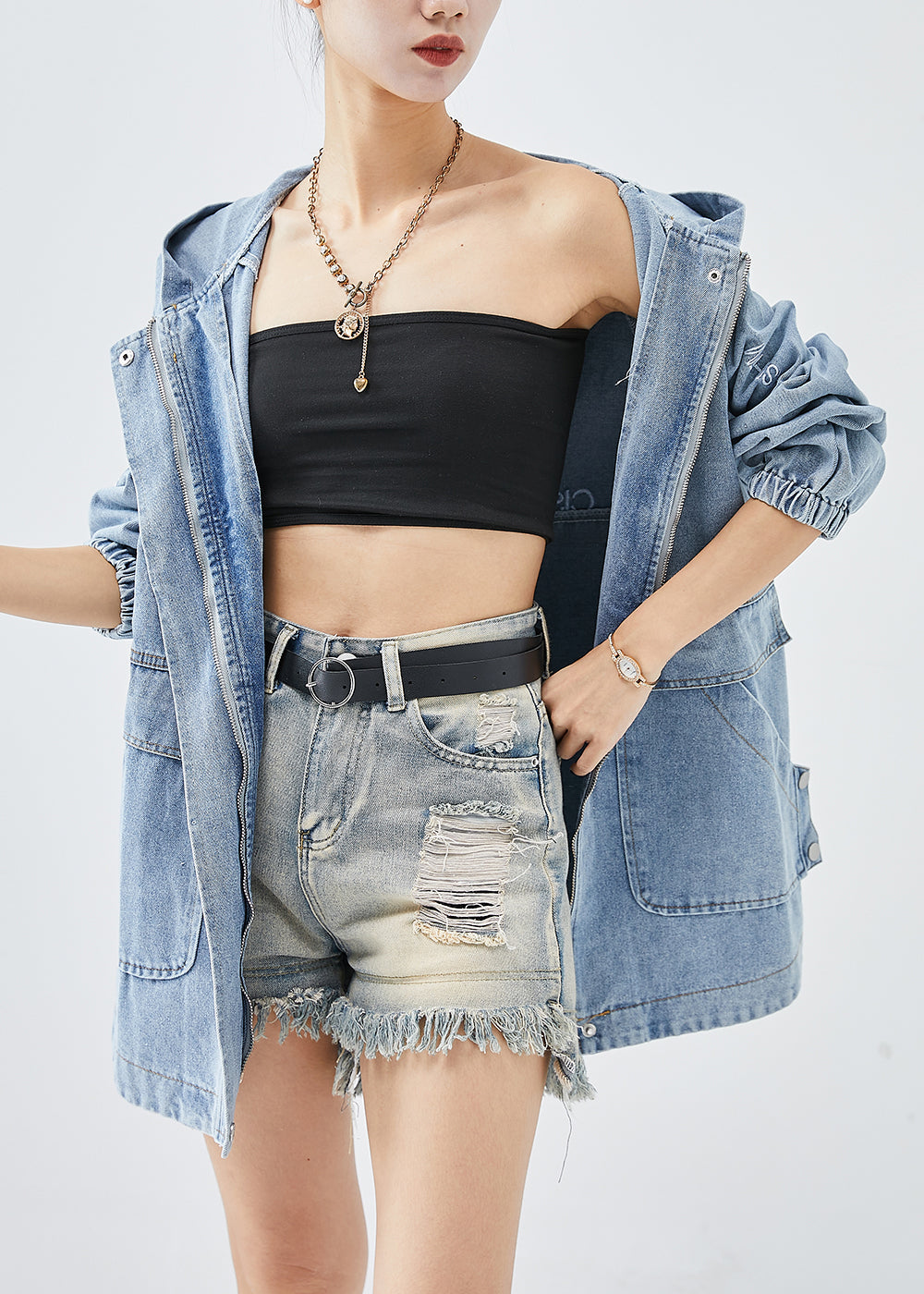 Diy Blue Hooded Letter Embroideried Denim Coat Fall