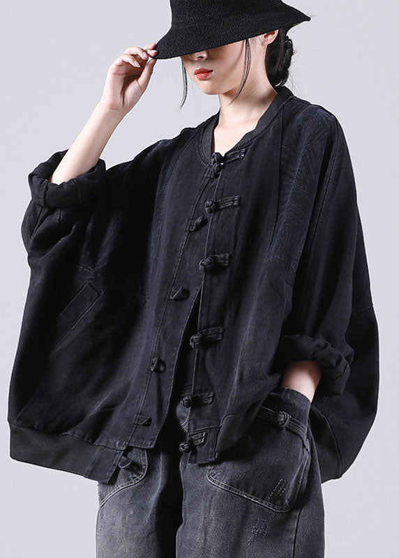 Art Blue O-neck Patchwork Bat Wing Sleeve Print Fall Coat