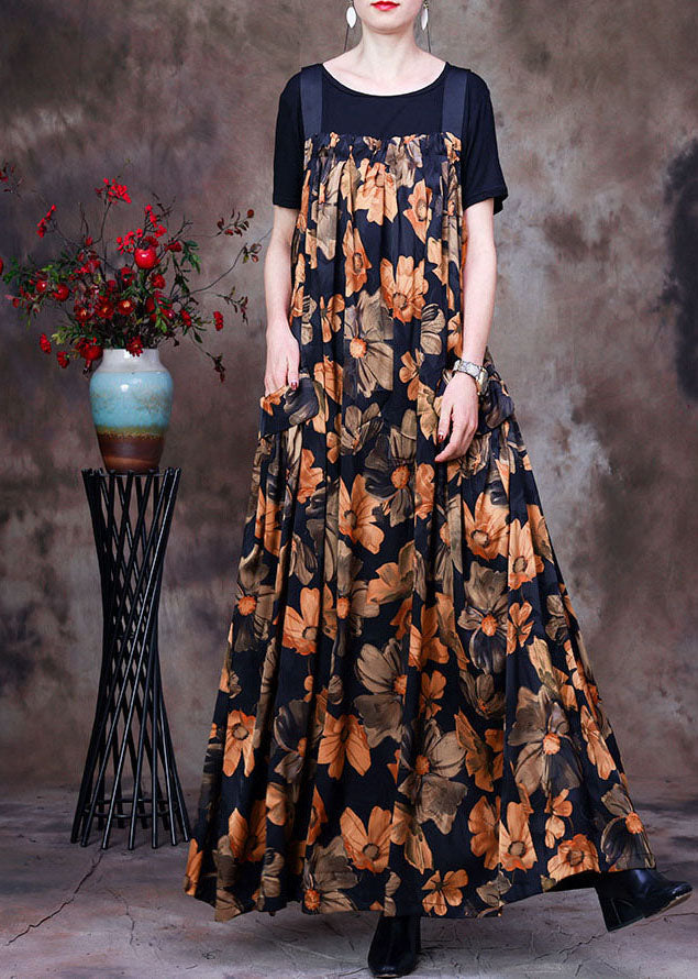 Yellow Wrinkled Print Silk Tanks and Strap Dress Two Piece Set Outfits Summer