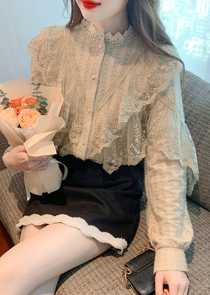 Khaki Stand Collar Patchwork Lace Shirts Fall