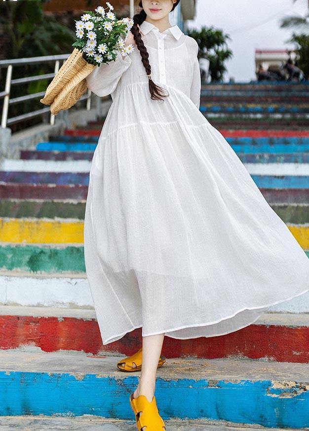 White Peter Pan Collar Button Vacation Summer Linen Dress