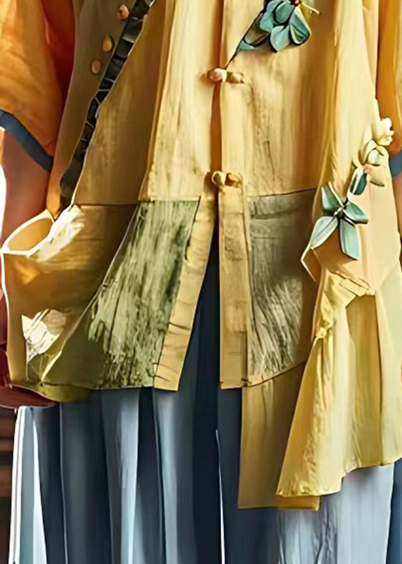 Yellow Asymmetrical Patchwork Wrinkled Linen Shirt Summer