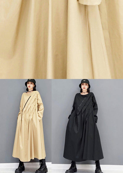 Black O-neck Pockets Robe Dresses Fall Long Sleeve