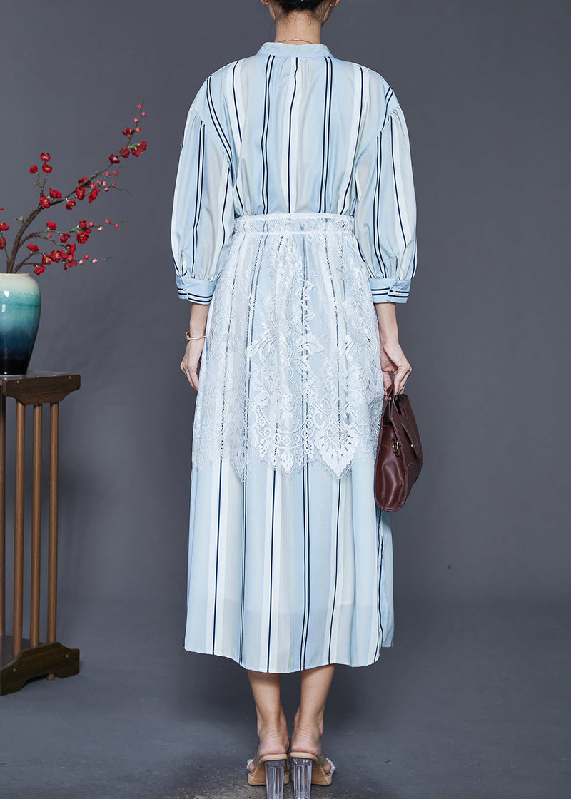Light Blue Striped Patchwork Lace Cotton Dresses Spring