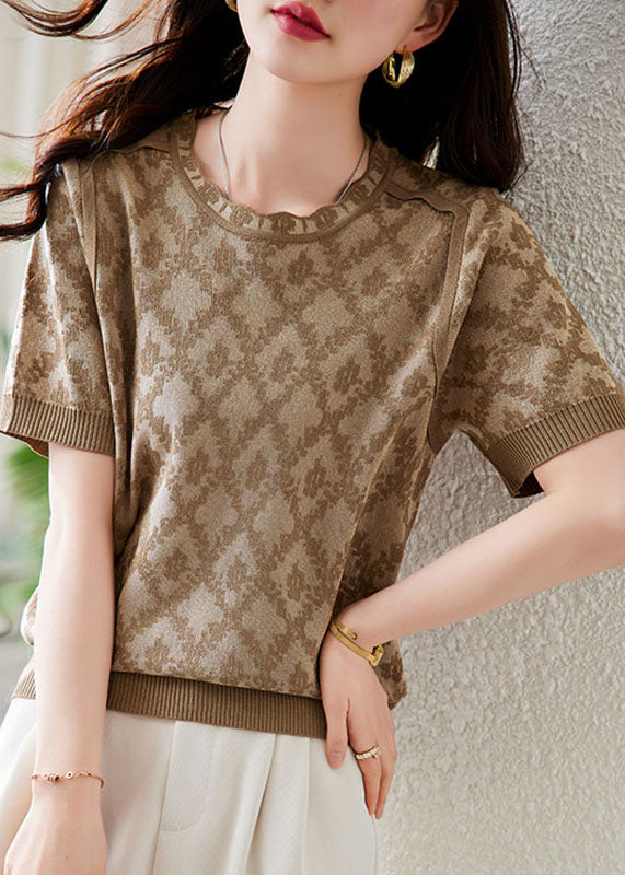 Art Khaki O-neck Print Knit Top Short Sleeve