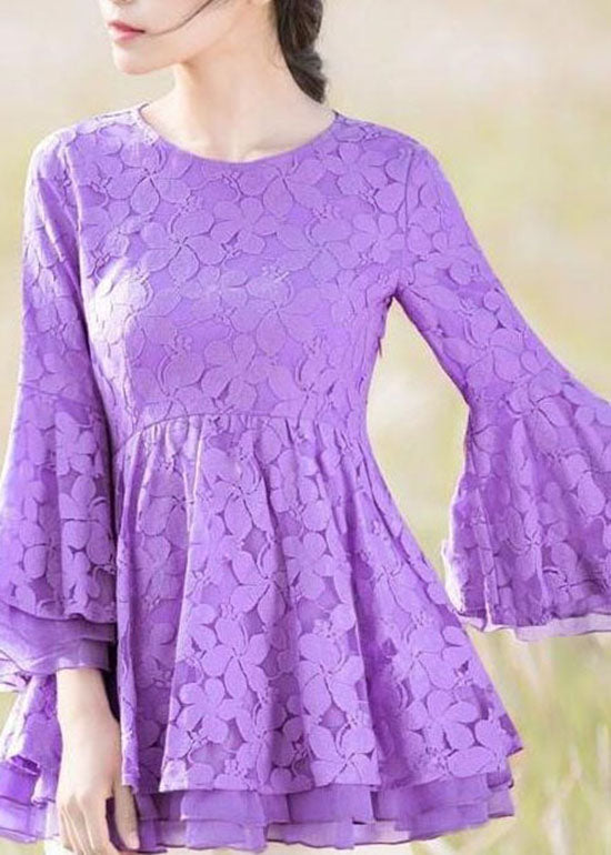 Purple O Neck Lace Ruffled Top Bracelet Sleeve