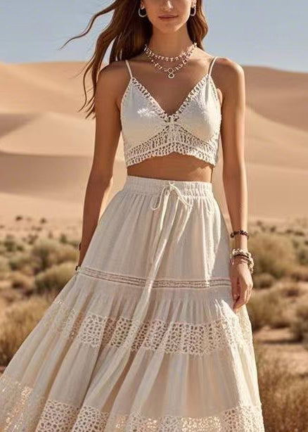 Modern White Hollow Out Patchwork Cotton a Line Skirts Spring