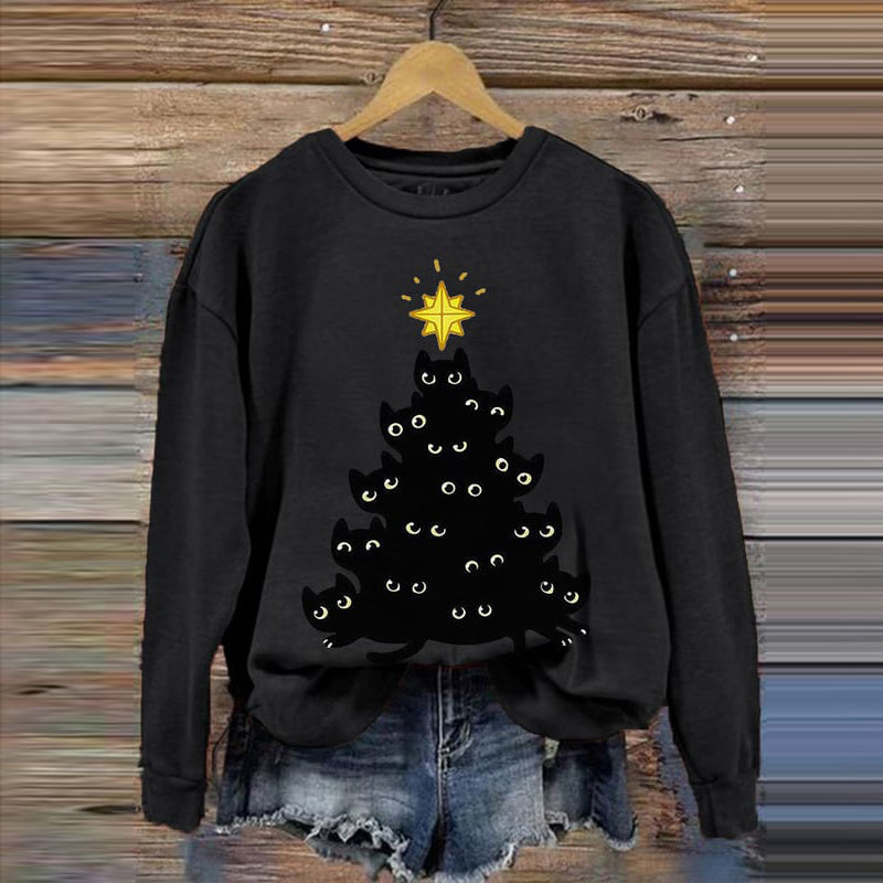 Christmas Tree Cat Print Crew Neck Sweatshirt elevenforest