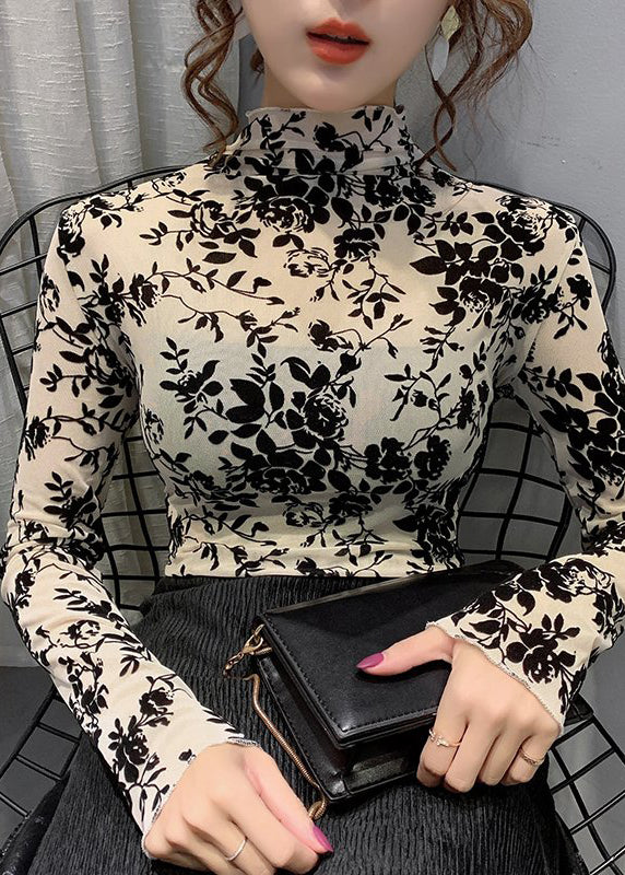 Apricot Turtleneck Embroideried Lace Tops Bottoming Shirt
