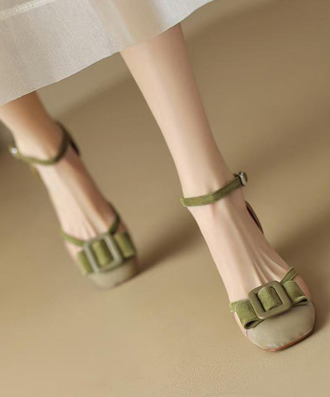 Grass Green Tulle Buckle Strap Splicing Chunky Sandals