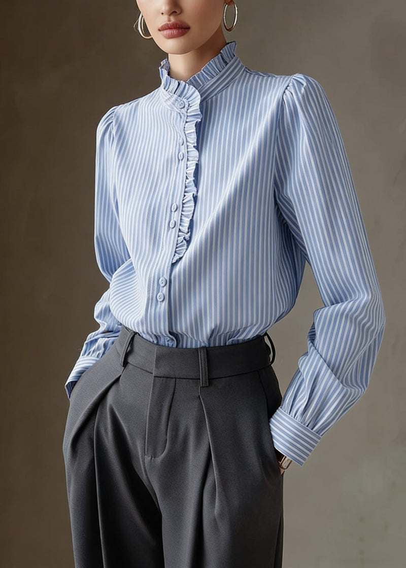Blue Ruffled Striped Cotton Shirt Tops Spring