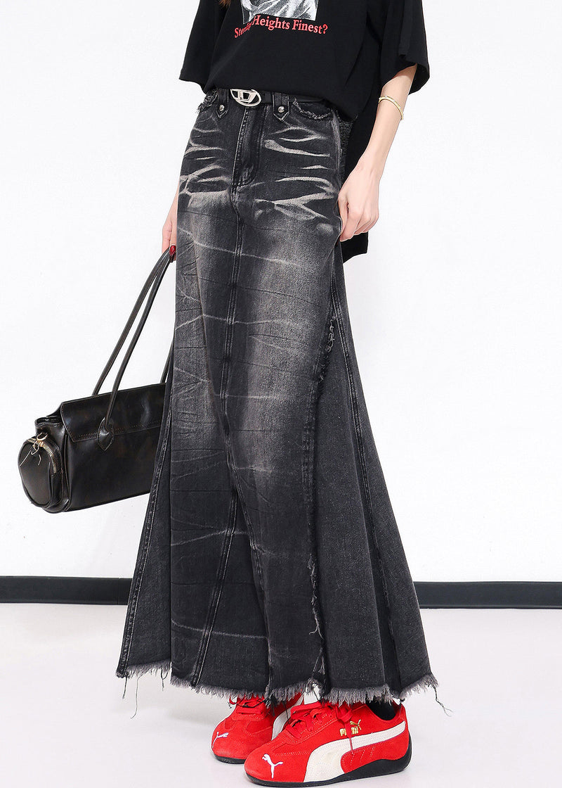 Black Tassel Pockets Patchwork Slim Fit Denim Skirts Fall