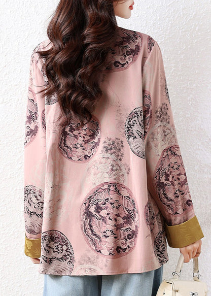 New Retro Pink Oversized Print Silk Blouse Tops Fall