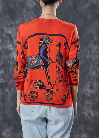 Orange O-neck Print Knit Pullover Spring