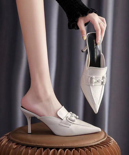 Pointed Toe Stiletto Beige Faux Leather Slide Sandals