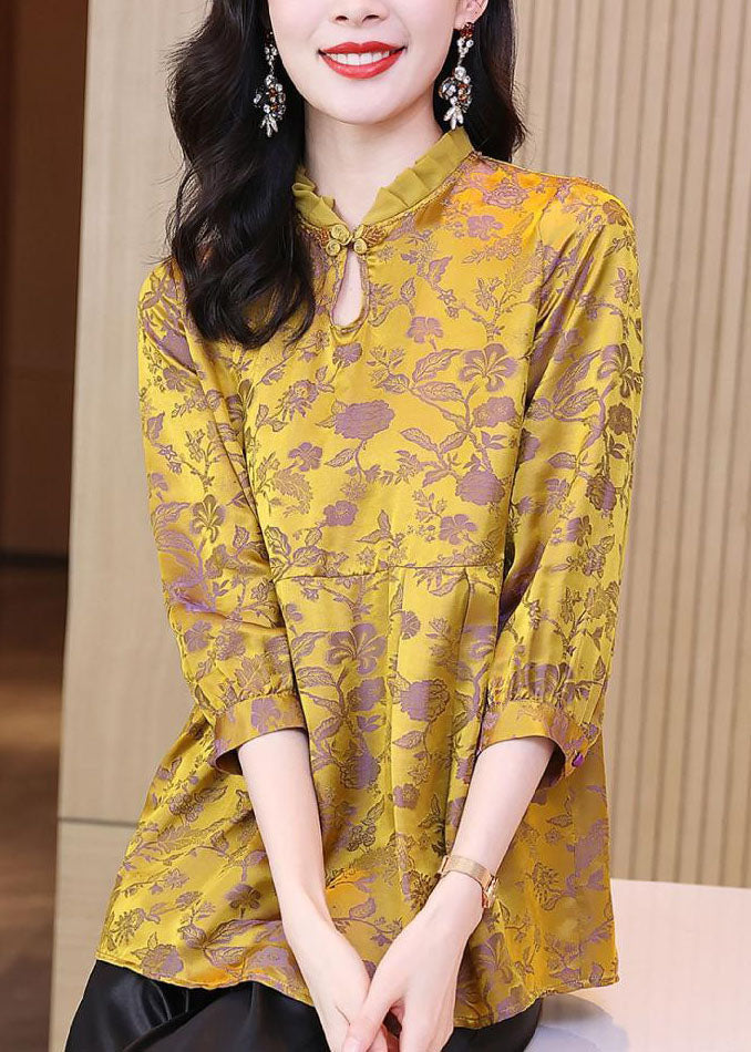 Yellow Ruffled Jacquard Silk Blouses Bracelet Sleeve